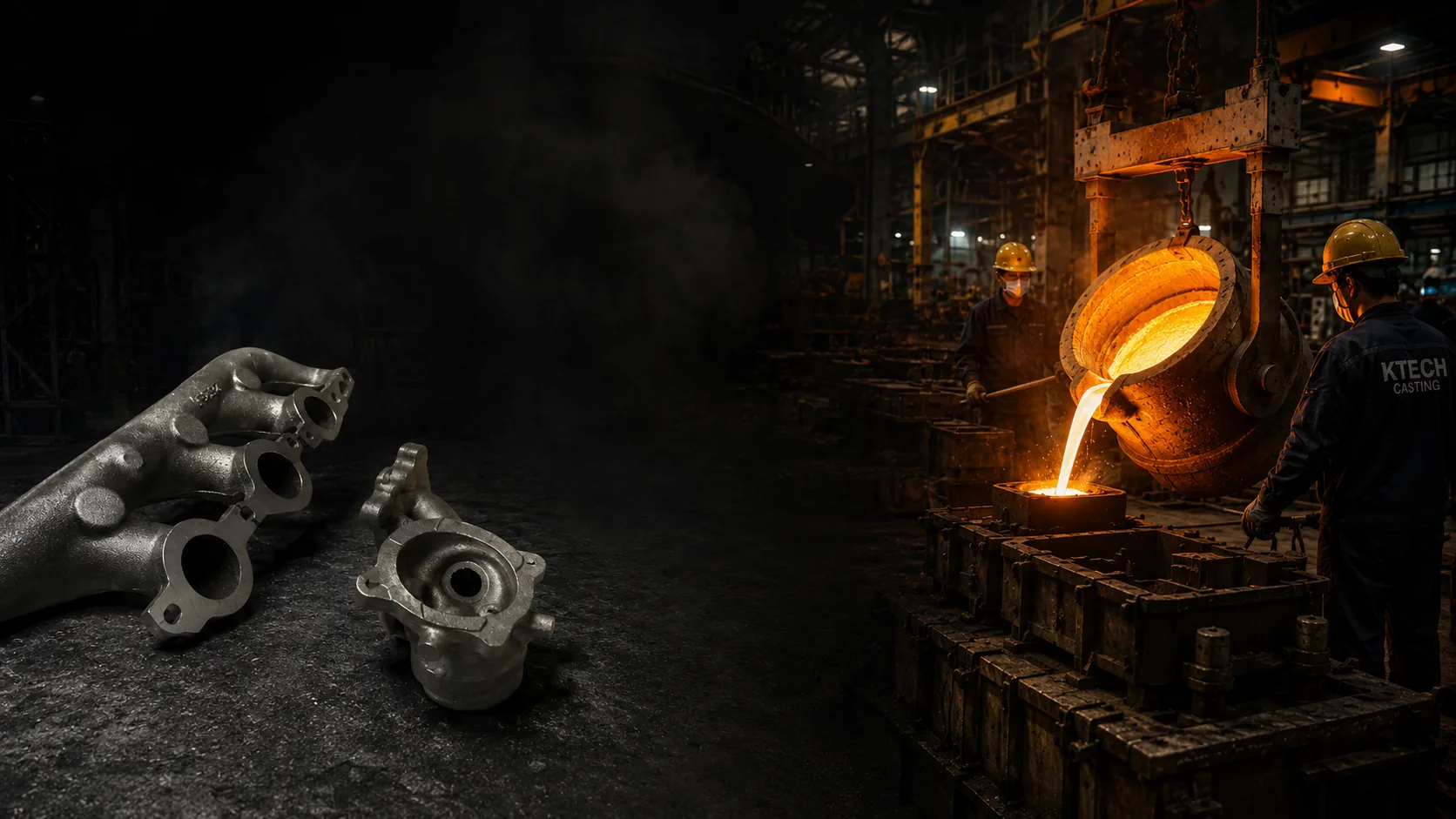Complex thin-wall castings including exhaust manifold and turbo housing components with counter-gravity casting production in the background